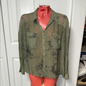 Free People Olive Green Sheer Button-Up Top